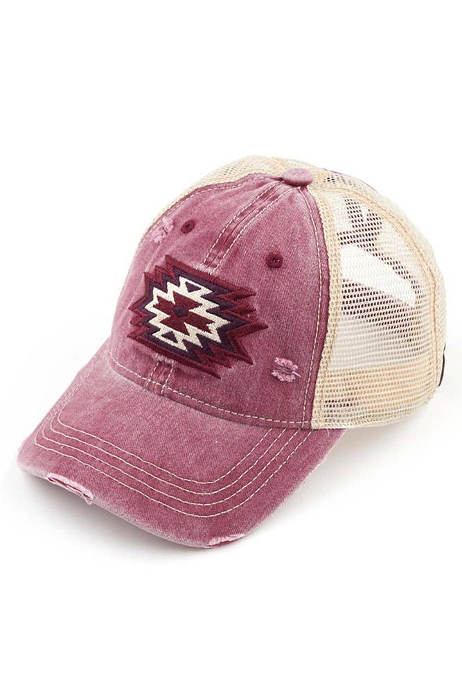Hana - C.C Aztec Patch Embroidery Mesh Pony Cap - Black