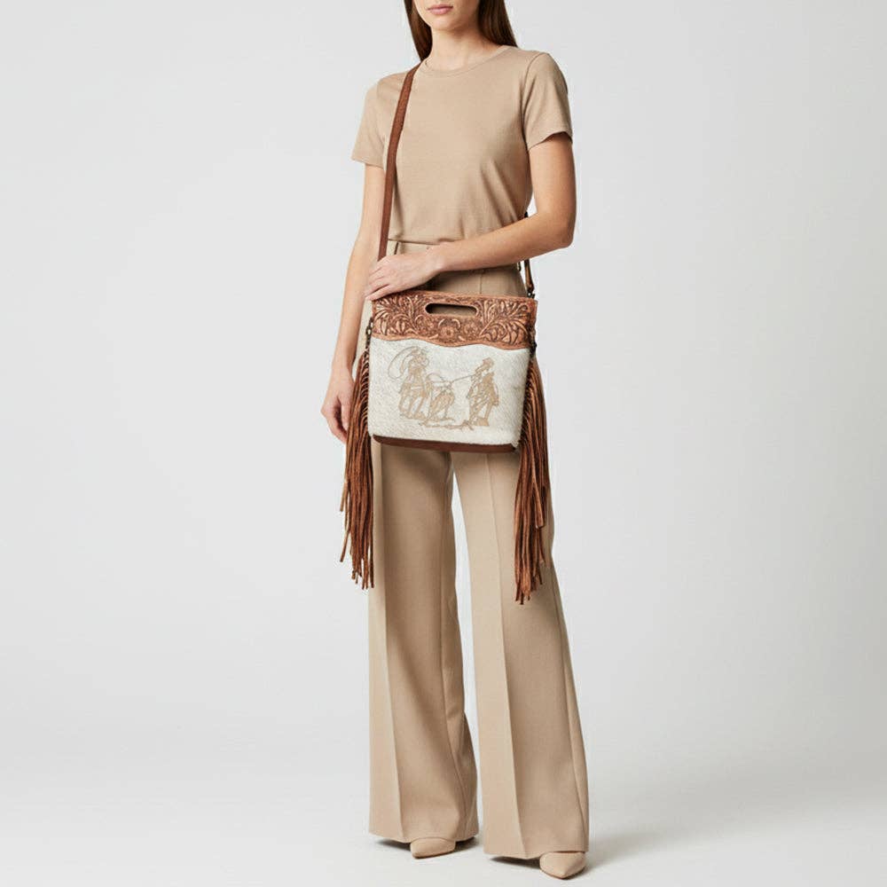LS Western - LC-ADBGS146 Western Crossbody Bag - Tooled Leather & Hair-On Hide - ADBGS146AR