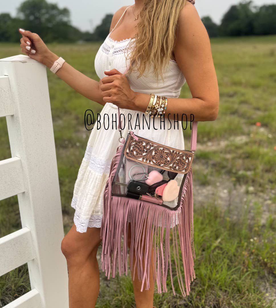 Boho Ranch Shop - Hand Tooled Clear Purse Crossbody - Concert Game Day Stadium - WHITE/ BLACK