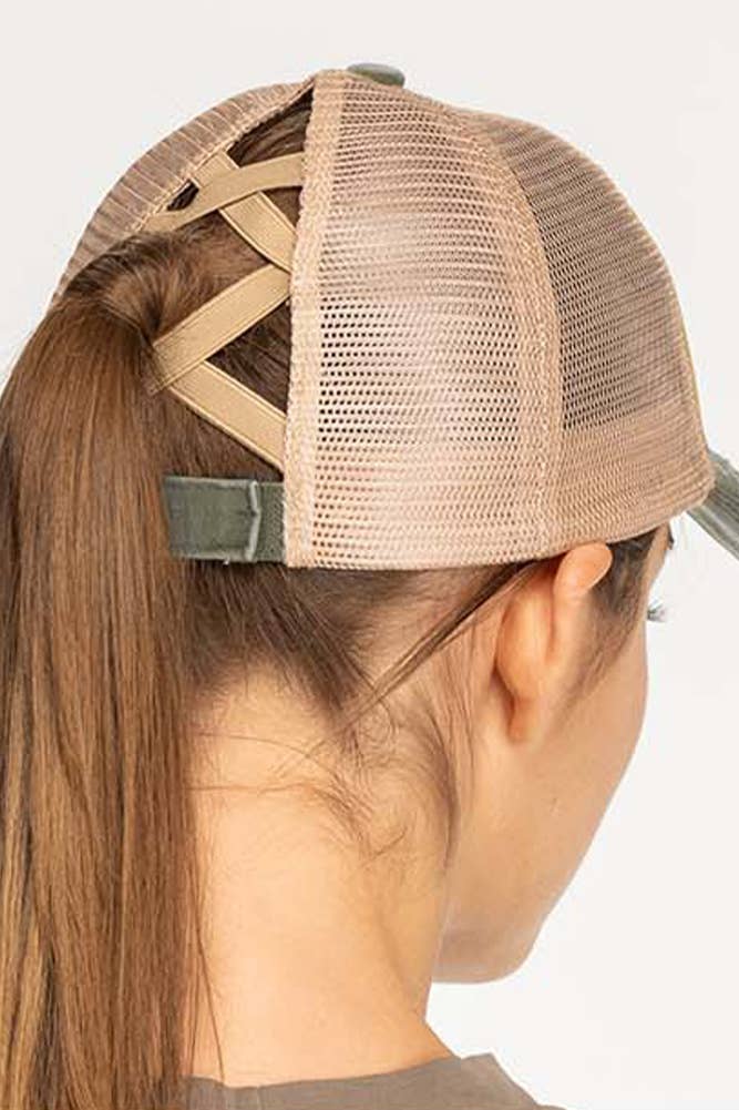 Hana - C.C Aztec Patch Distressed Criss-Cross Pony Cap - Black