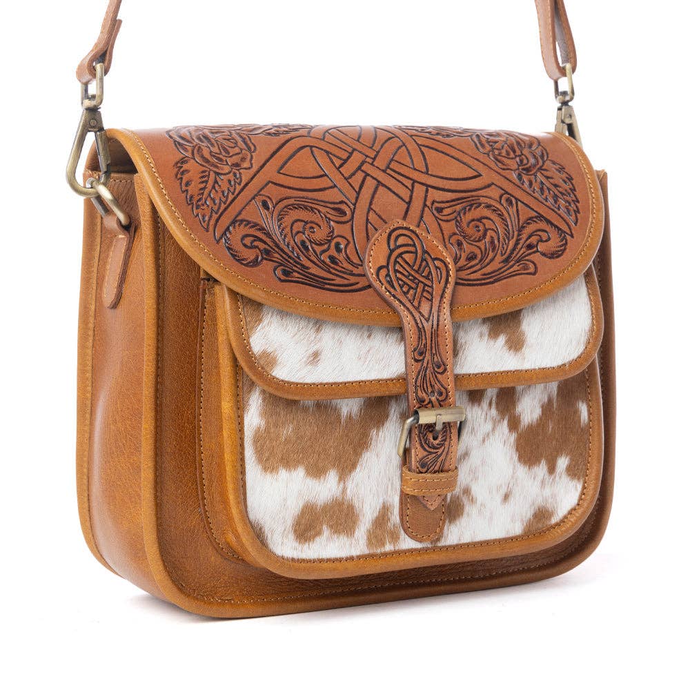 Myra Bag - Cedar Range Handtooled Hairon Buckle Leather Bag in Chestnut Ivory - Chestnut Ivory