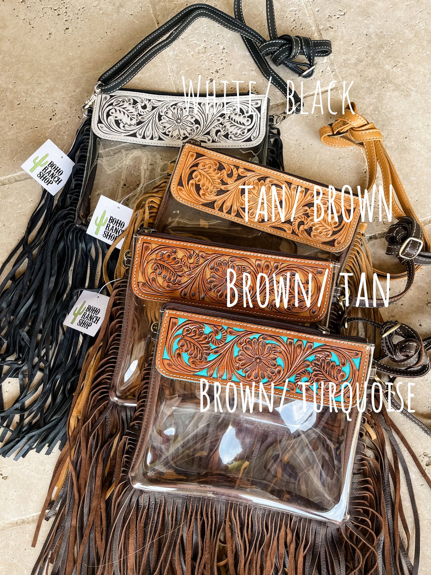 Boho Ranch Shop - Hand Tooled Clear Purse Crossbody - Concert Game Day Stadium - WHITE/ BLACK