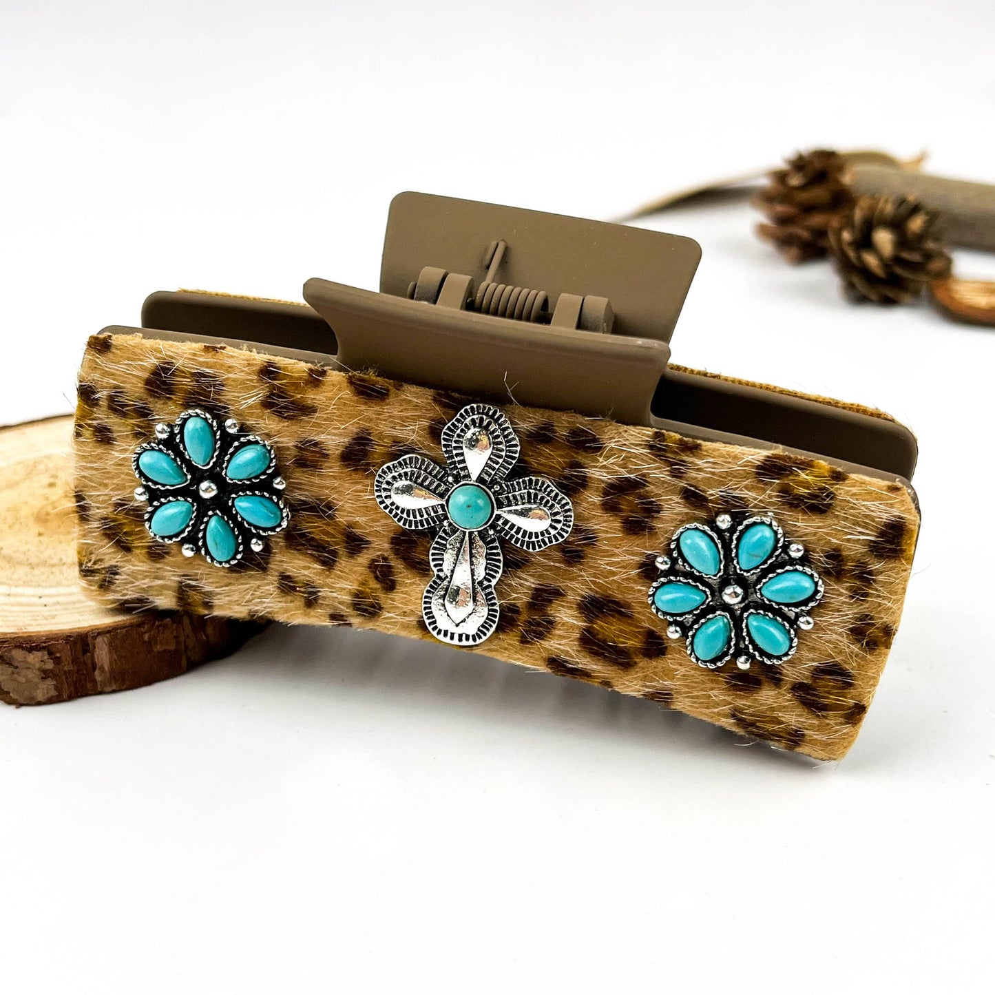 mildstyles - Boho Turquoise Leopard Print Leather Hair Claw Clip - H