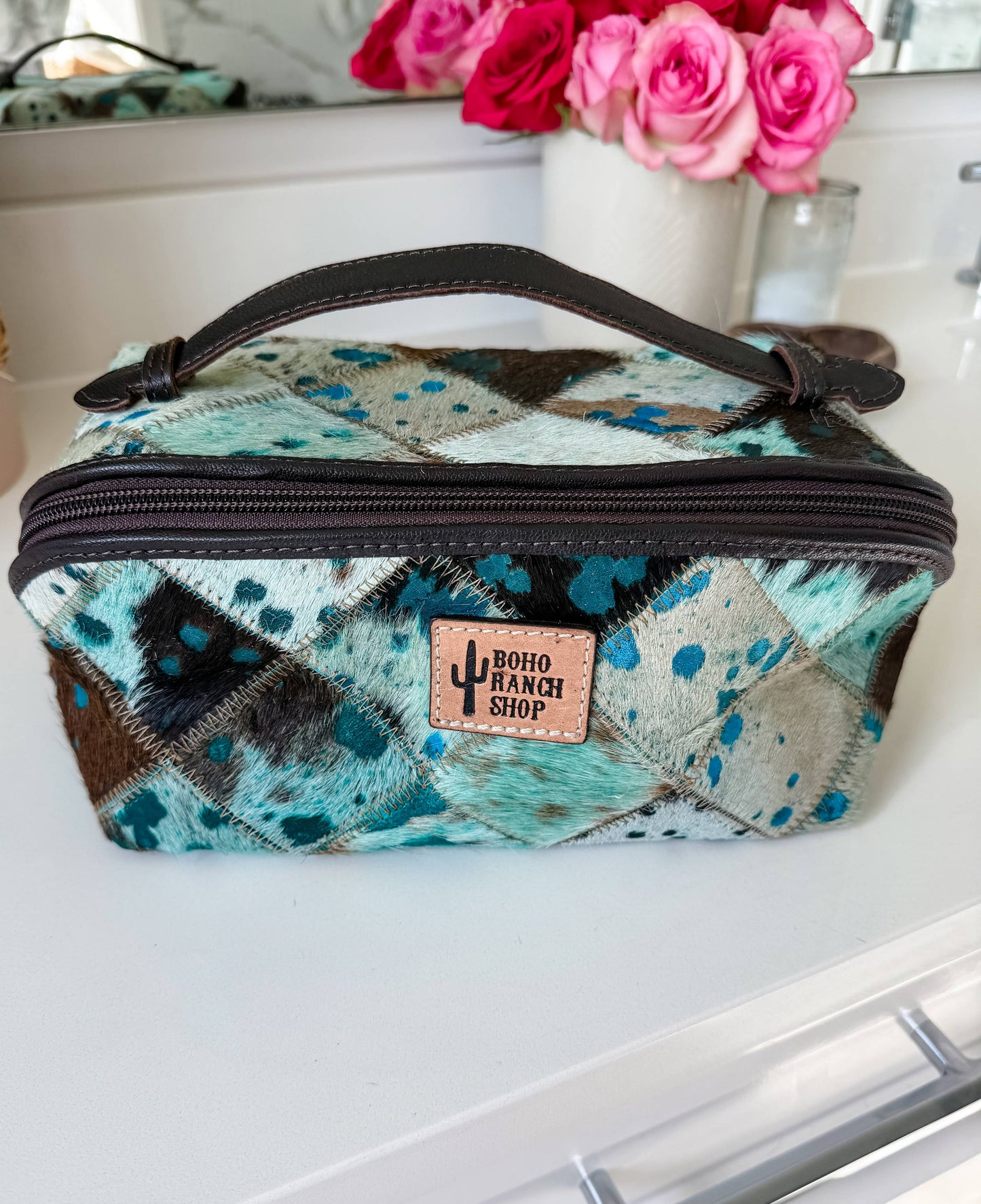 Boho Ranch Shop - Ella Cowhide Makeup Bag Leather Cosmetic Diagonal Opening - WHITE + PINK SPECS