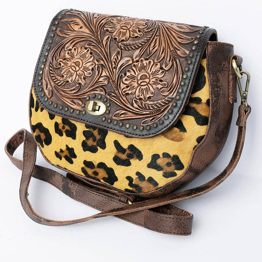 ADBGI220 Round Tooled Leather & Hair-On Crossbody Bag - Floral Flap Western Purse - ADBGI220C
