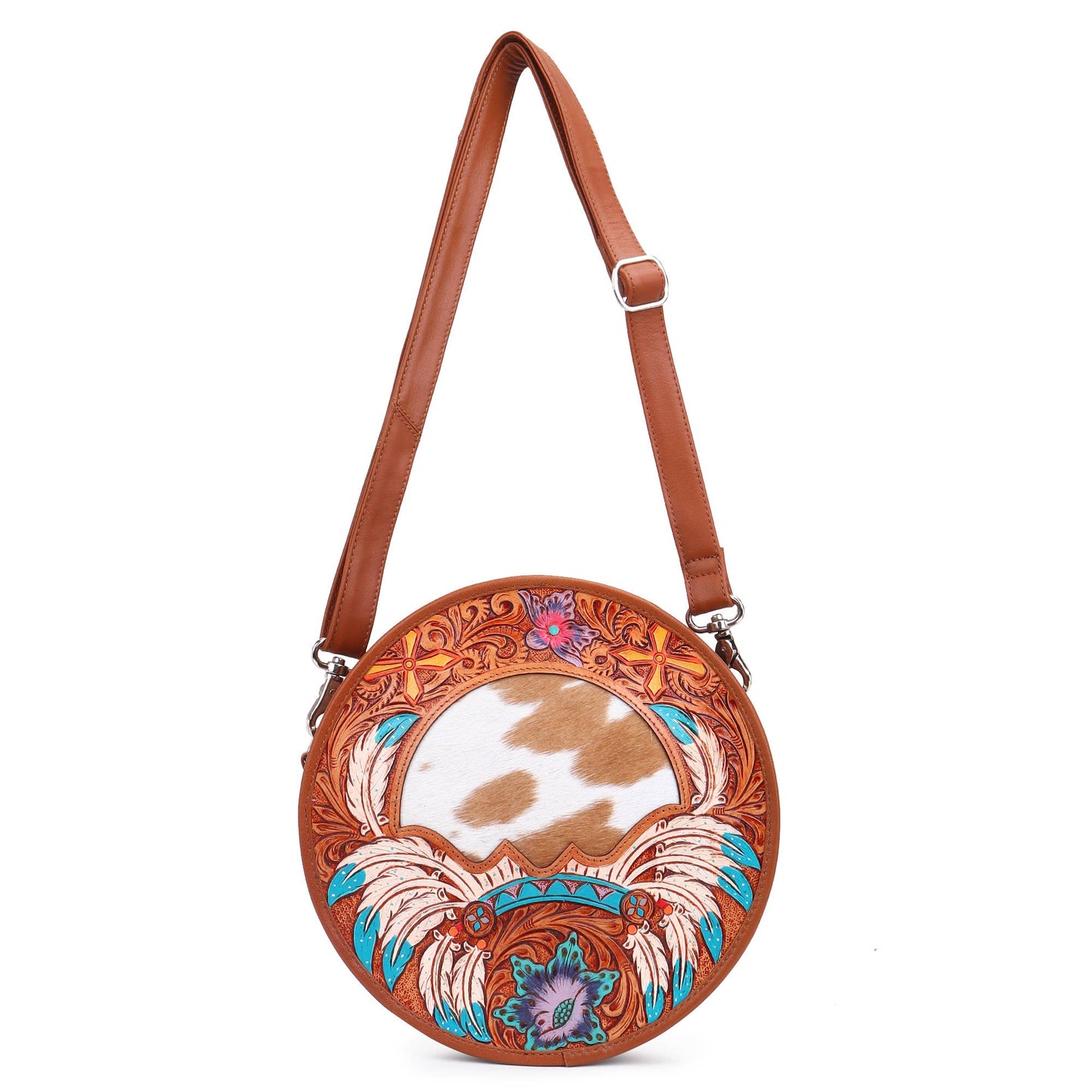 Leather Cowhide Western Hand Tooled Women's Round Crossbody - Free Bird Hand Tooled with Tan White Cowhide Inlay.