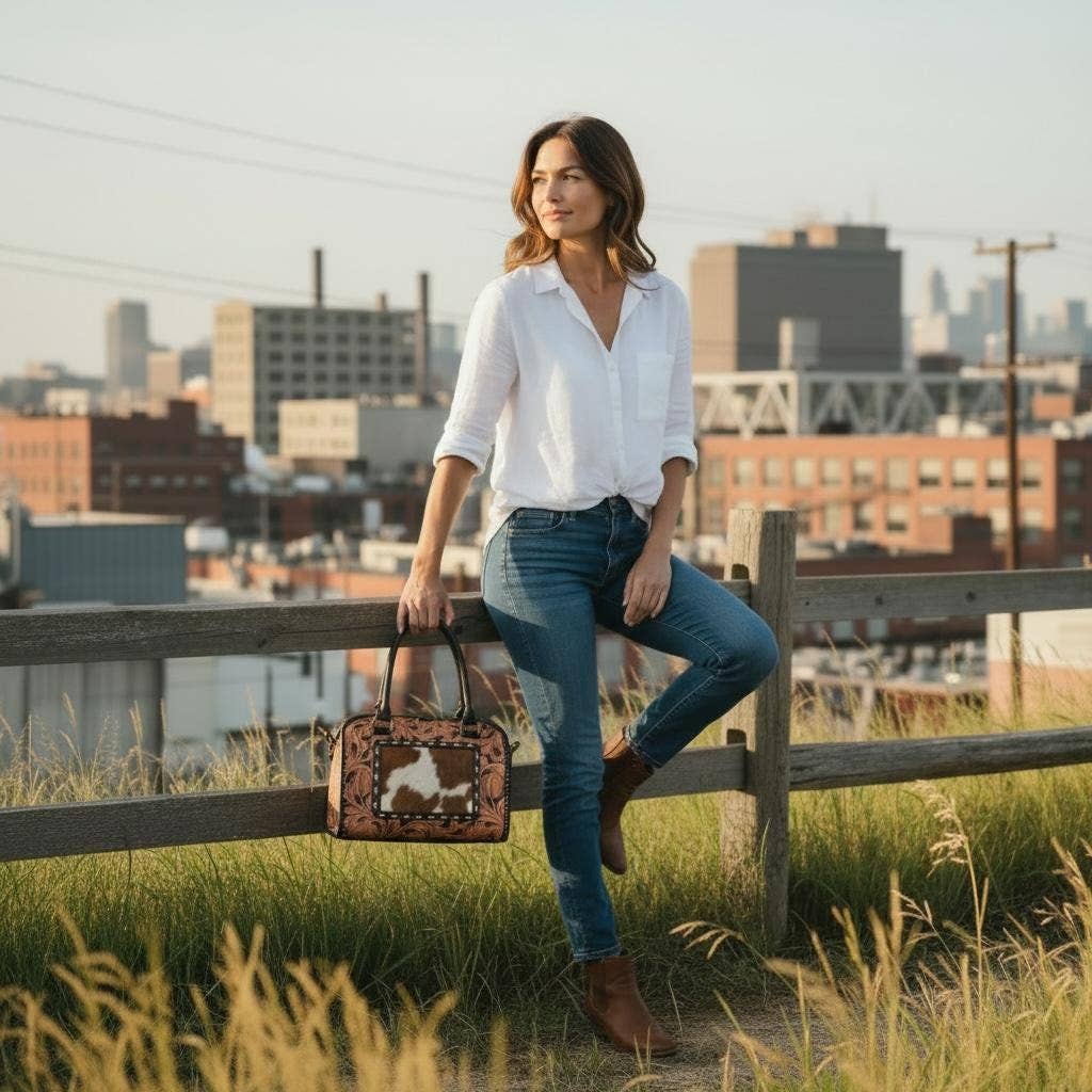 Genuine Western Leather Speedy Barrel Bag with Cowhide and Tooled leather
