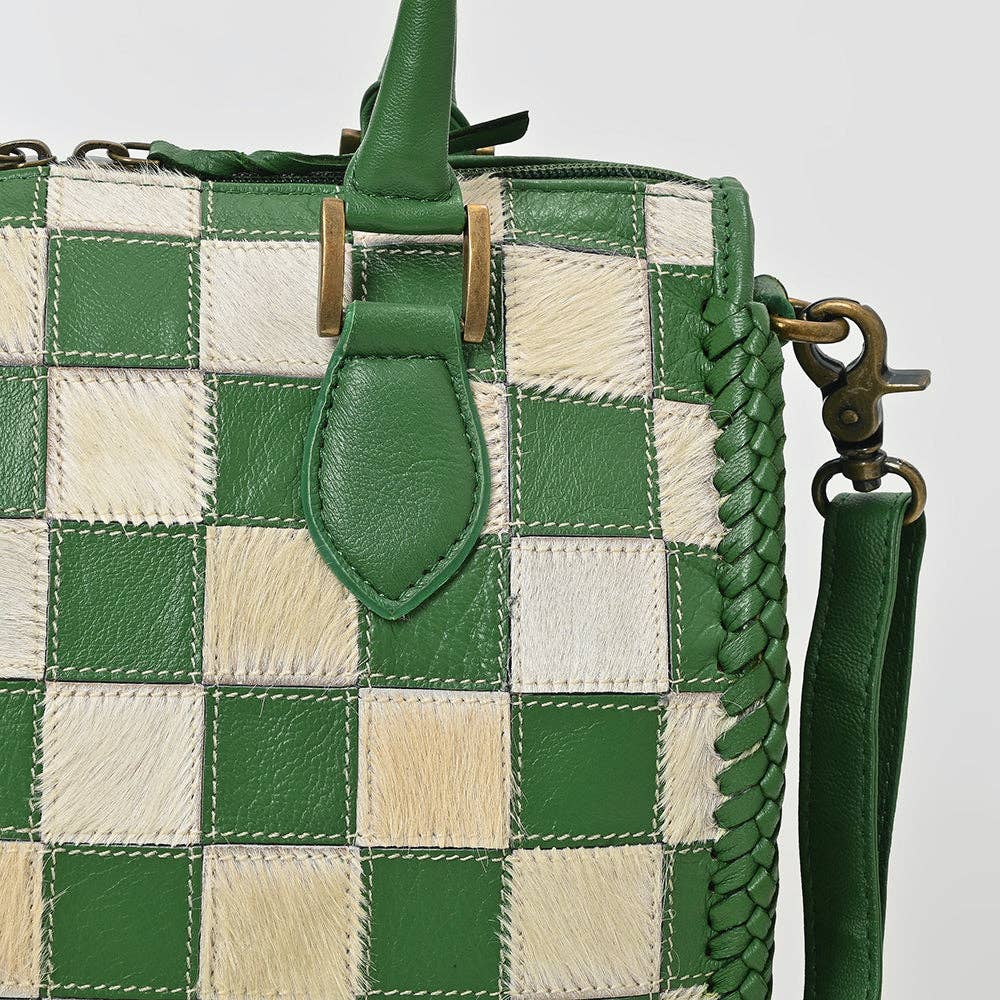 American Darling - Hair-On Hide Satchel Bag for Women Checkered Leather Handbag - ADBGM860A
