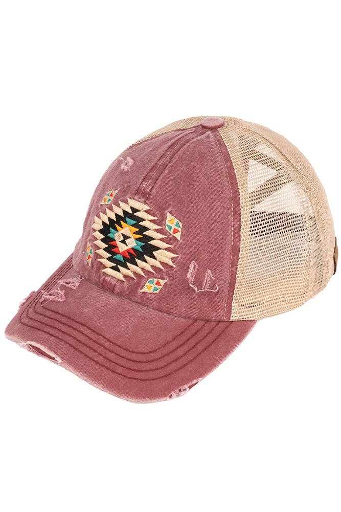 Hana - C.C Aztec Patch Distressed Criss-Cross Pony Cap - Gray