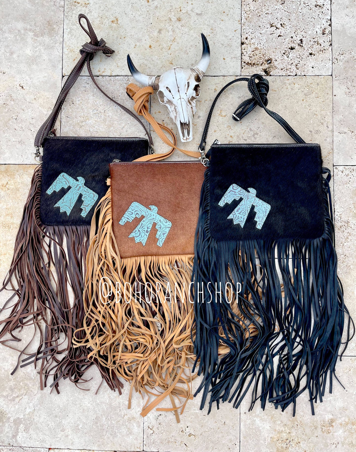 Boho Ranch Shop - THUNDERBIRD COWHIDE CROSSBODY tooled Leather Cowhide Clutch - TAN COWHIDE