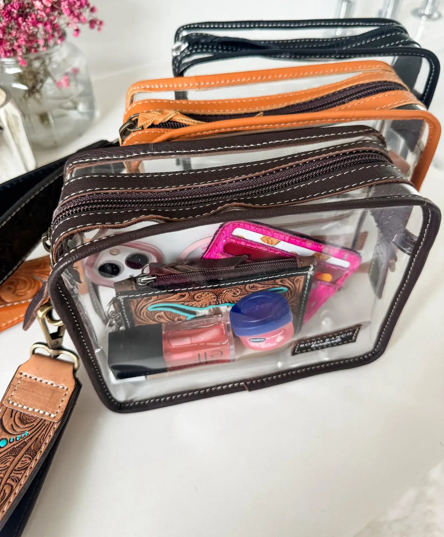 Boho Ranch Shop - DARLA CLEAR WRISTLET | transparent western purse - game day  - BROWN