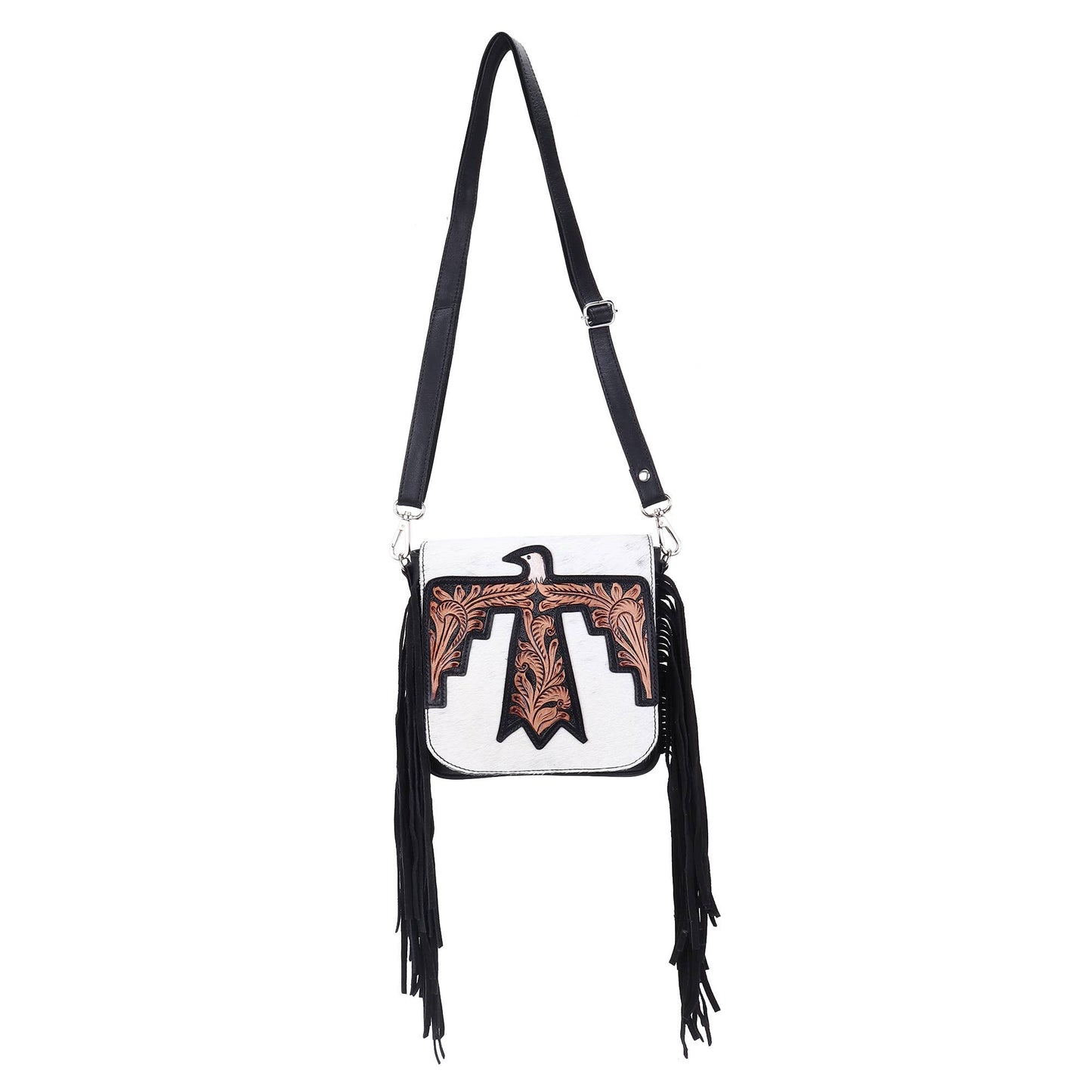 Sixtease Bags USA - Leather Cowhide Western Hand Tooled Women Small Crossbody - Black White Cowhide Inlay with Tan Floral Hand Tooled