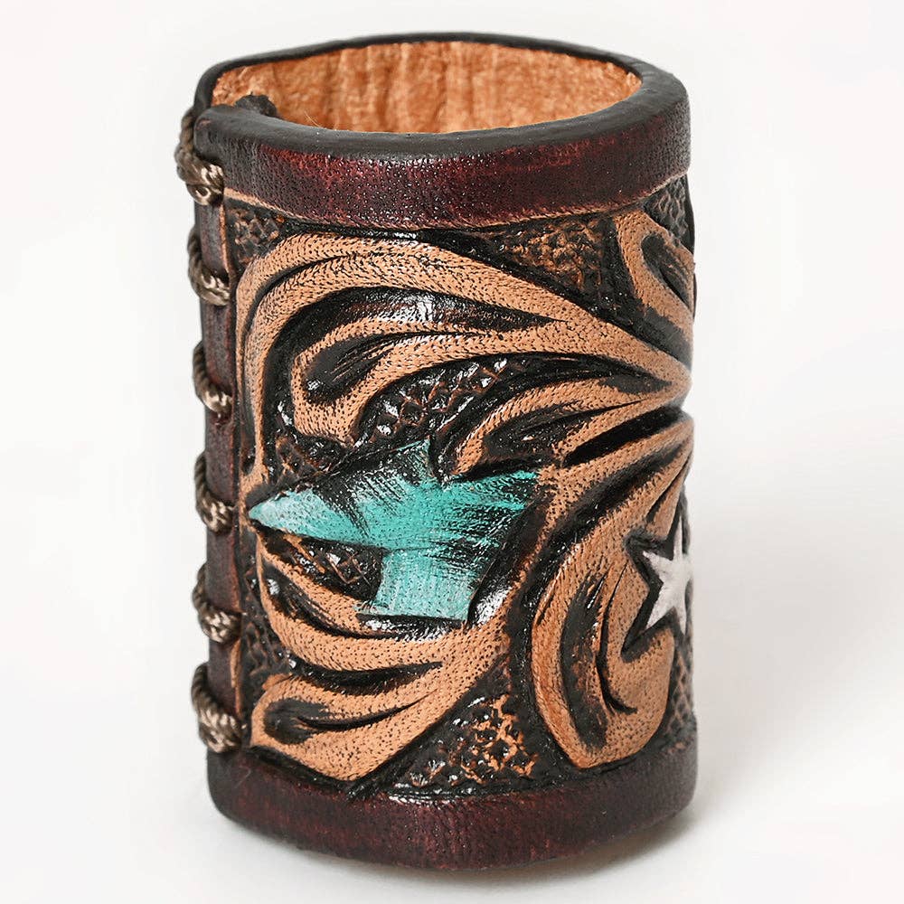 LS Western - Hand Tooled Leather Scarf Ring Vegetable-Tanned Scarf Slide - ADSRG104H
