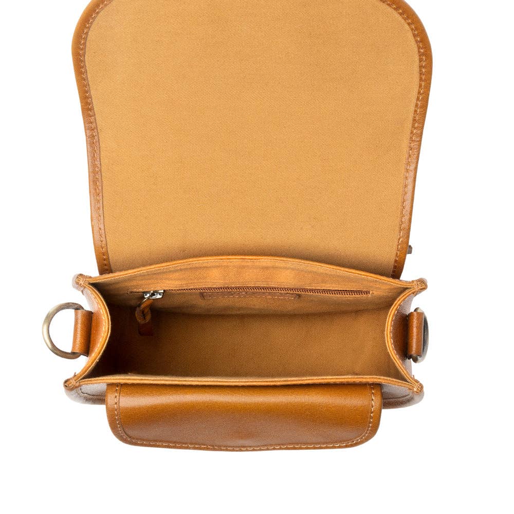 Myra Bag - Goldrush Saddle handtooled Bag for Women in saddle tan with hair-on detail - Saddle Tan