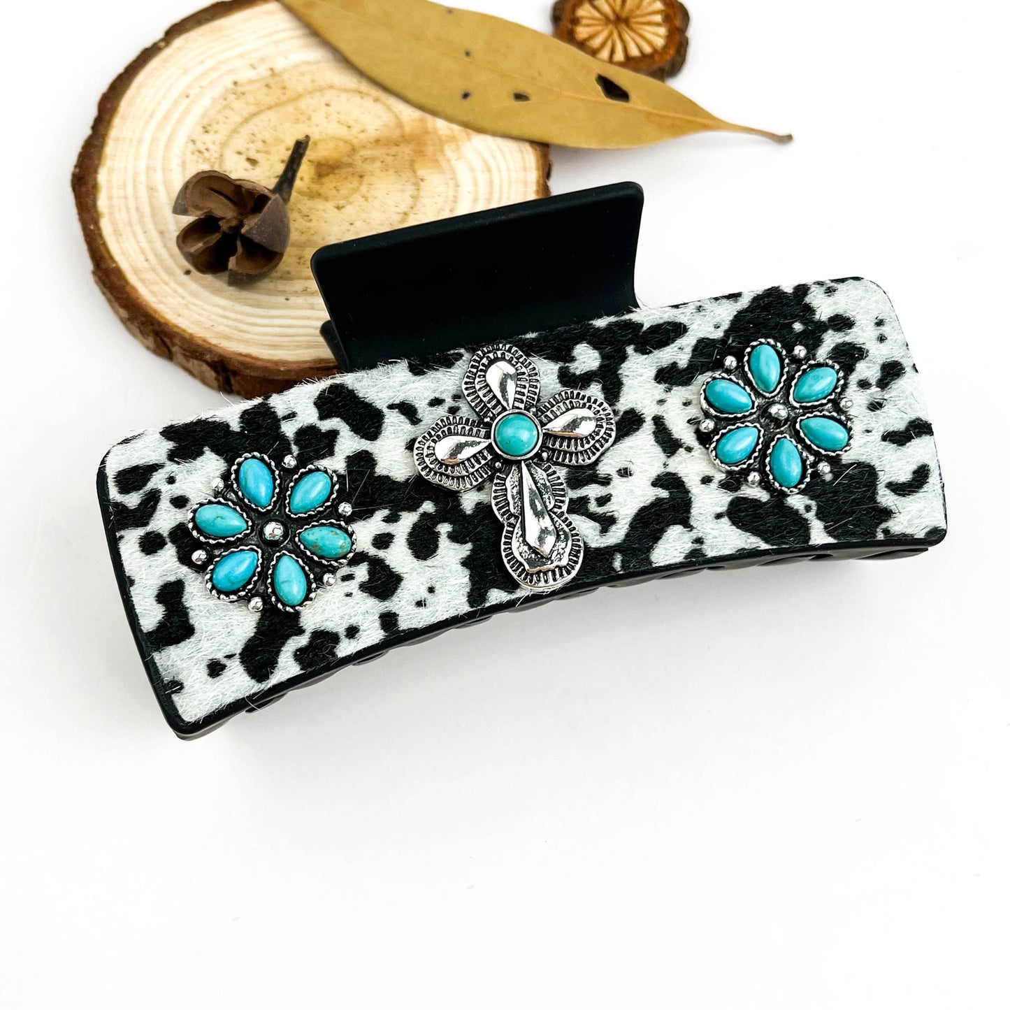 mildstyles - Western Cowboy Turquoise Cow Print Rhinestone Hair Claw Clip - E