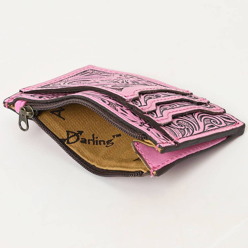 American Darling Pink Western Leather Card Holder Bag with Hand-Tooled Floral Carving - ADBG1506C