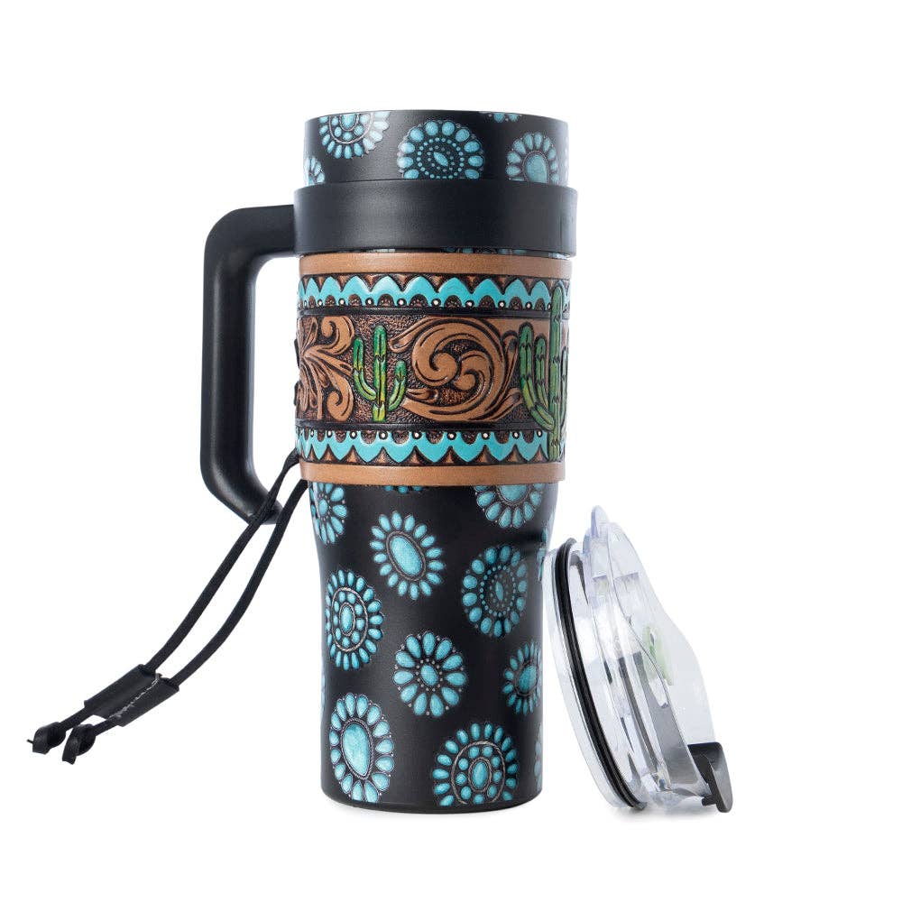 Myra Bag - Concho Crest Western Tooled Tumbler in Black Stainless Steel with Leather Wrap and Handle - WITH TOOLING