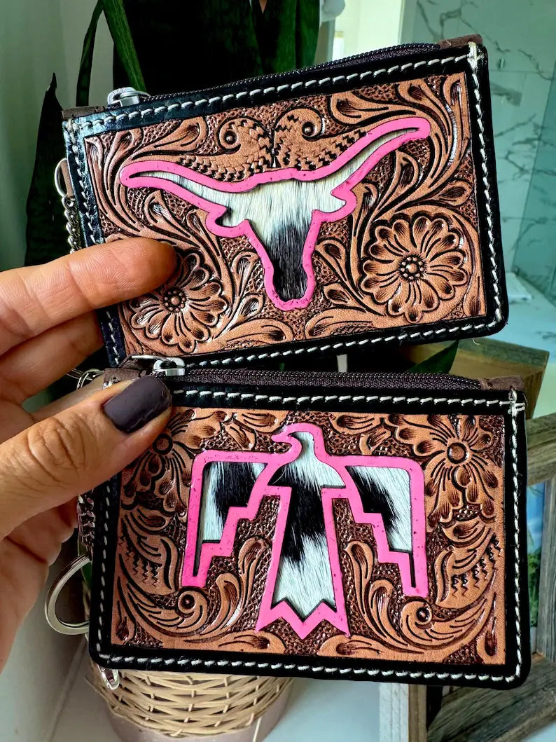 Boho Ranch Shop - Tooled Leather Keychain Wallet Thunderbird Longhorn Bow Hat - TURQUOISE COWBOY HAT