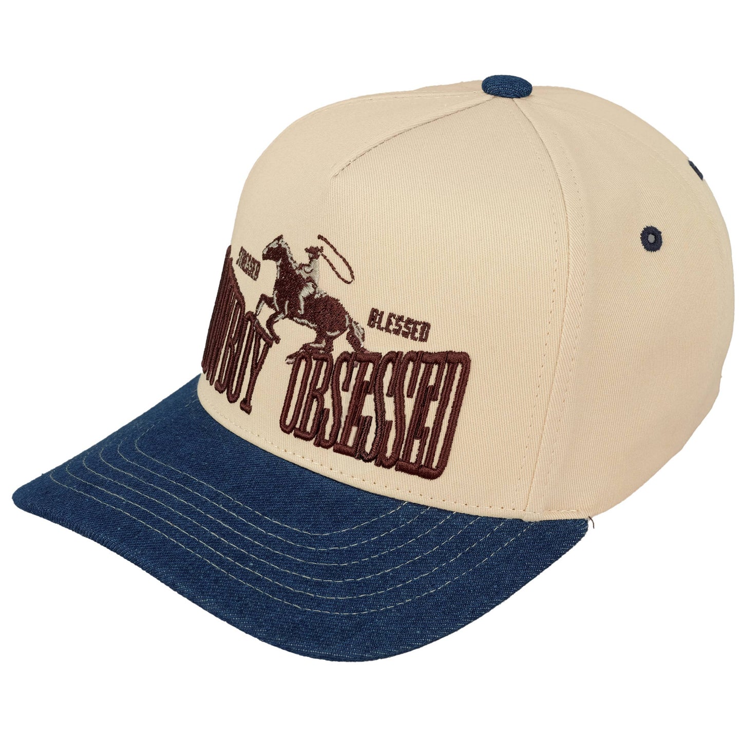 Hana - C.C COWBOY OBSESSED Embroidered Cotton Trucker Cap - Brown/Pink