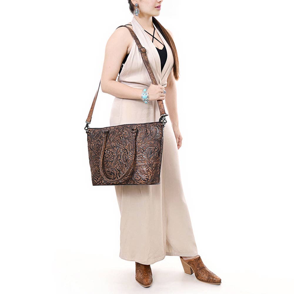 LS Western - ADBG1519 American Darling Western Genuine Leather Tote Bag with Hand-Tooled Detailing | Premium Everyday Carry - ADBG1519B