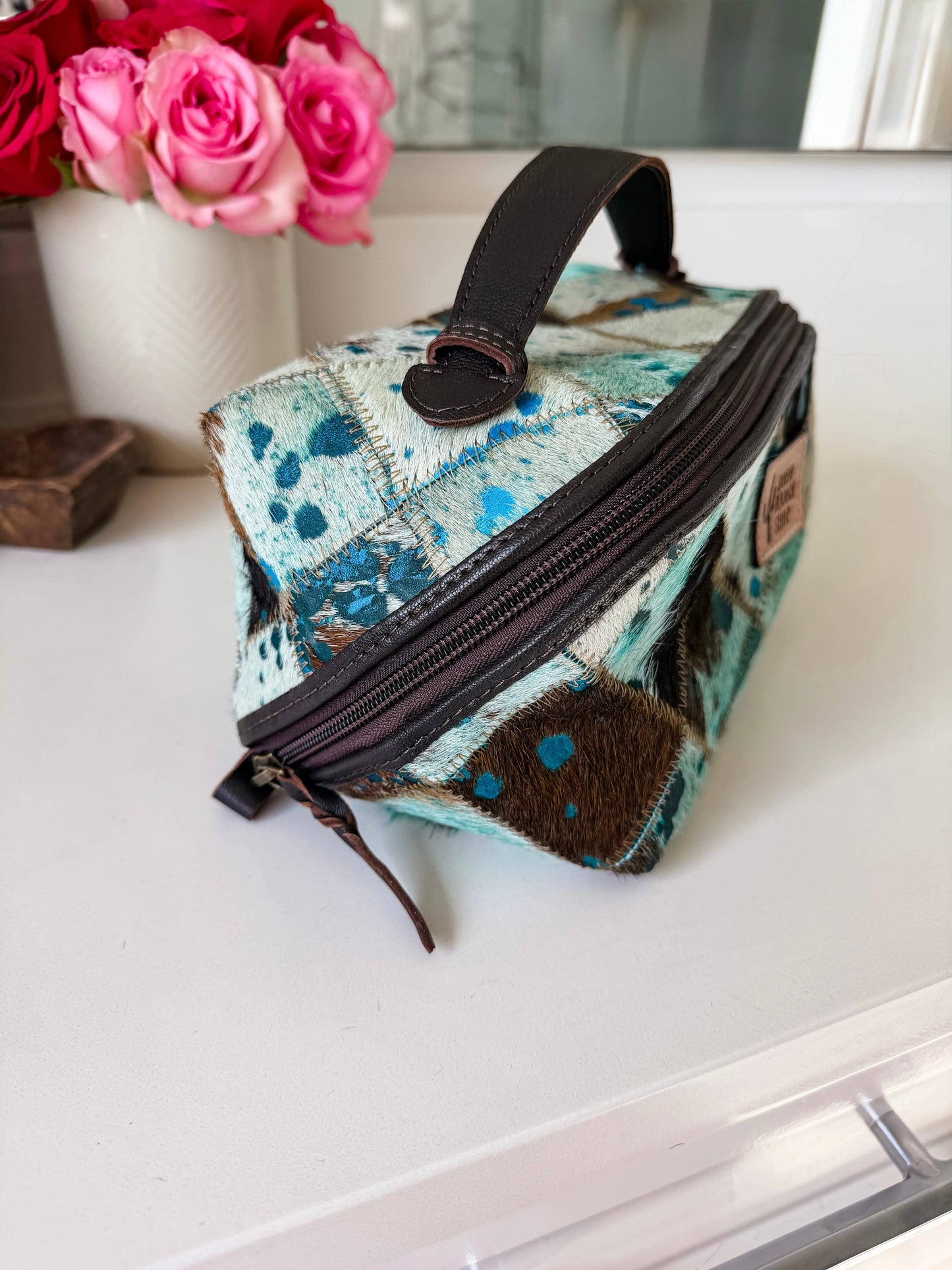 Boho Ranch Shop - Ella Cowhide Makeup Bag Leather Cosmetic Diagonal Opening - DARK BROWN + TURQUOISE SPECS