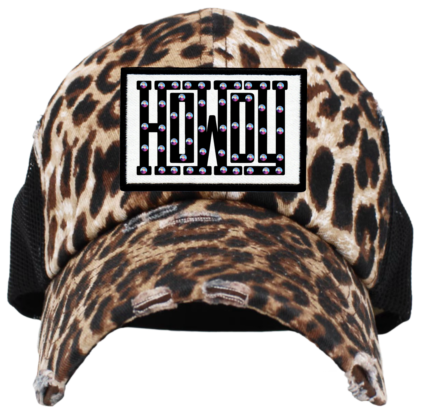 Howdy Rhinestone Graphic Patch Cap  - Leopard Trucker