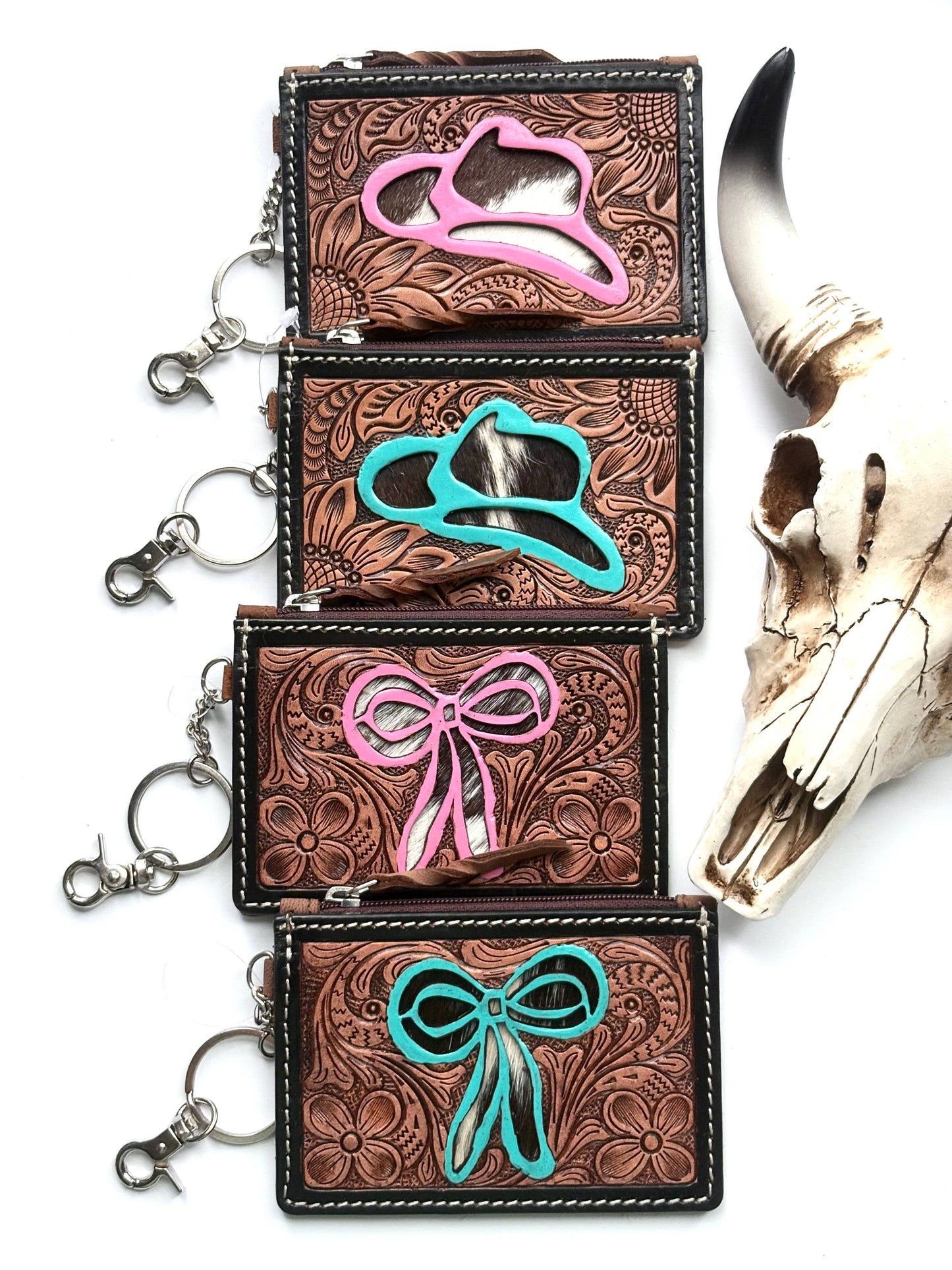 Boho Ranch Shop - Tooled Leather Keychain Wallet Thunderbird Longhorn Bow Hat - TURQUOISE COWBOY HAT