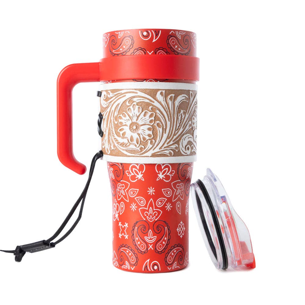 Myra Bag - Bandana Tooled Western Tumbler in Red Stainless Steel with Handtooled Leather and Handle for Use - WITH TOOLING