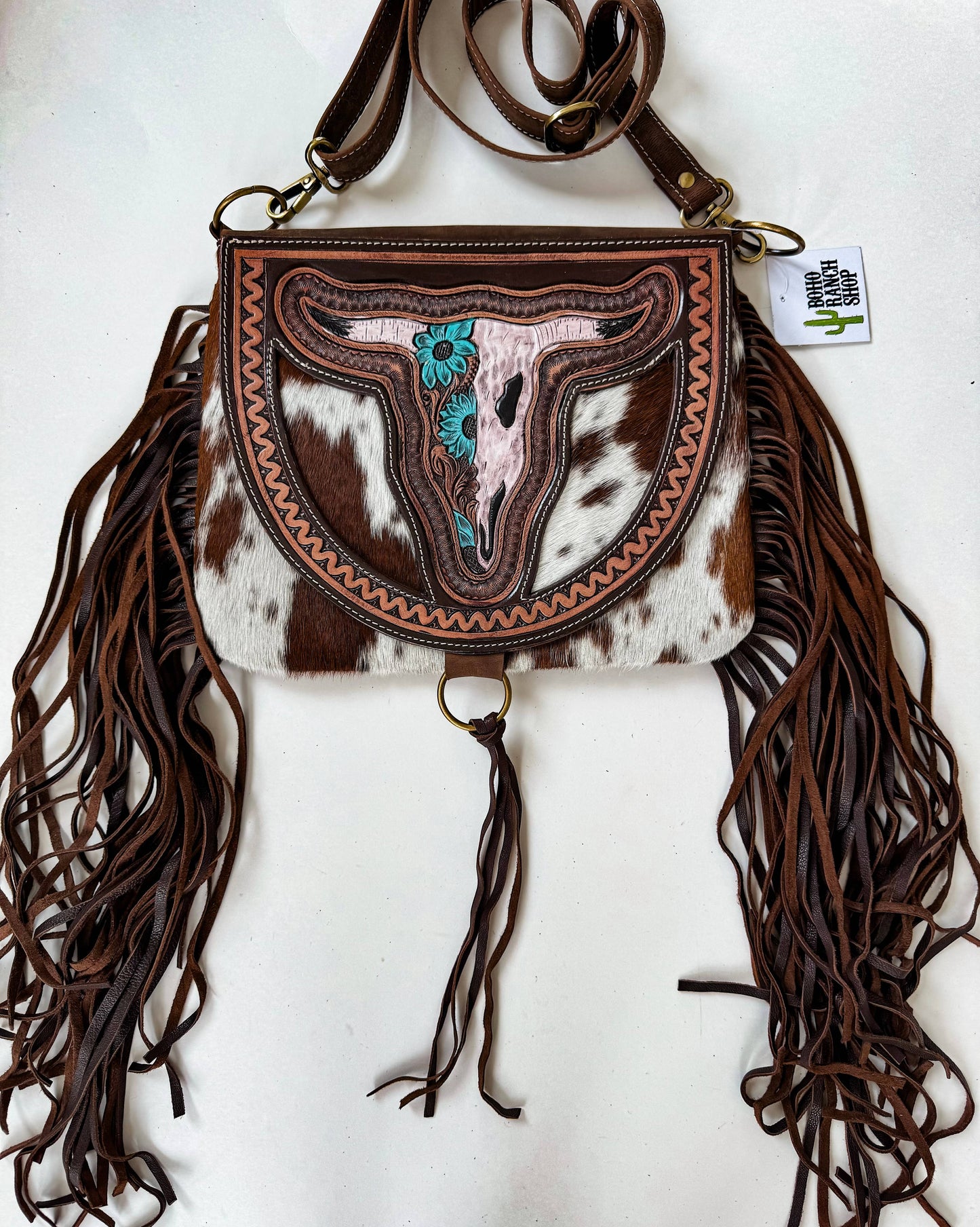 Boho Ranch Shop - THE CAROLINE CROSSBODY steer longhorn - cowhide purse bag - RED FLOWER