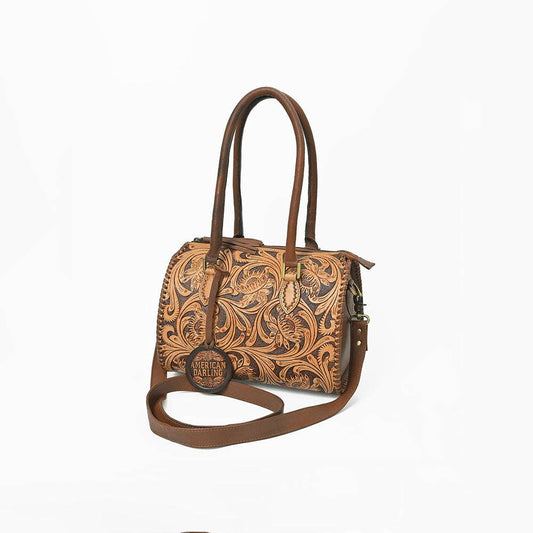 American Darling Hand-Tooled Leather Speedy Bag Classic Western Floral Design - ADBGA1044