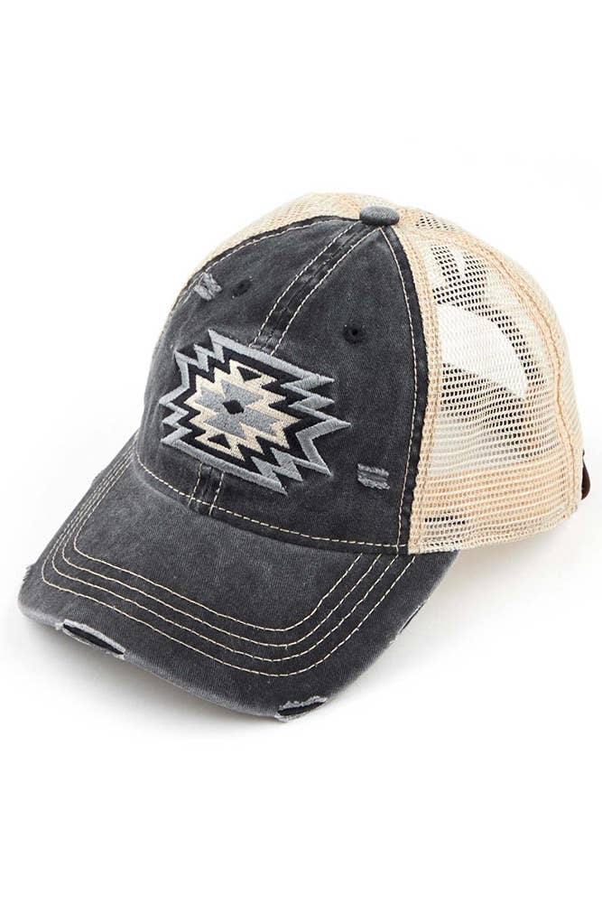 Hana - C.C Aztec Patch Embroidery Mesh Pony Cap - Black
