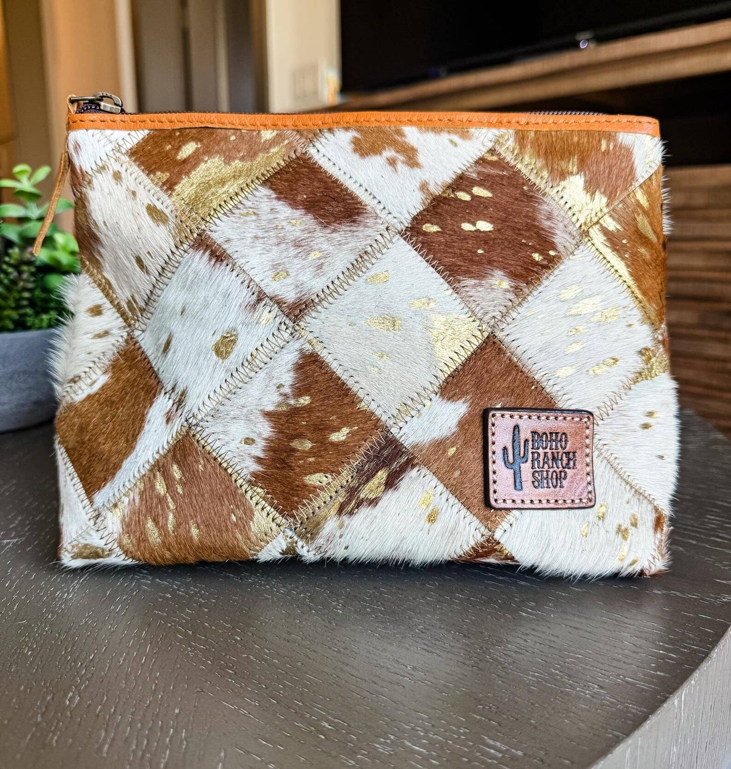 Boho Ranch Shop - Checkered Western Cowhide Makeup Bag Travel - LEOPARD + RAINBOW