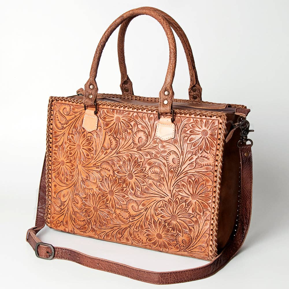 ADBG235 American Darling Western Leather Tote Bag - Hand Tooled Floral Carved Braided Purse - ADBG235J