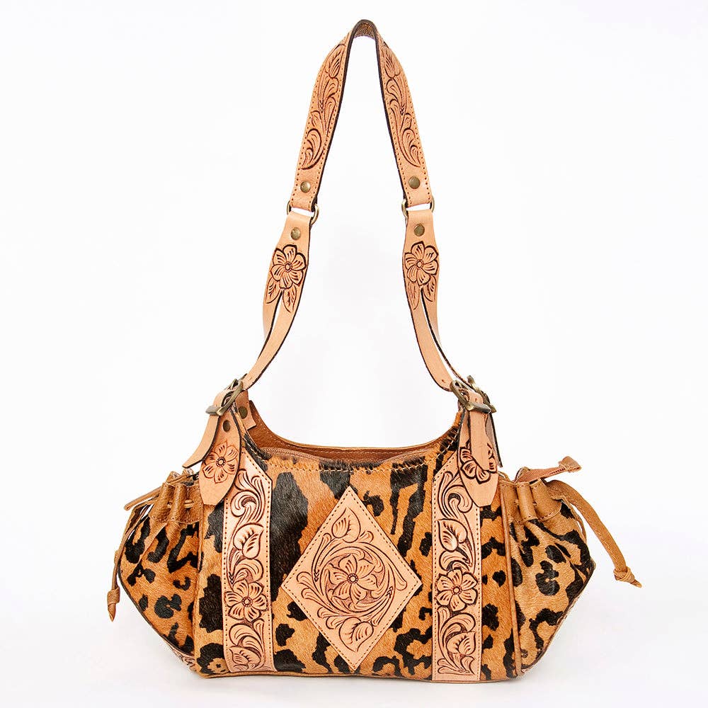 LS Western - ADBGA209 Western Floral Tooled Leather Cowhide Shoulder Handbag with Drawstring Tassel - ADBGA209B
