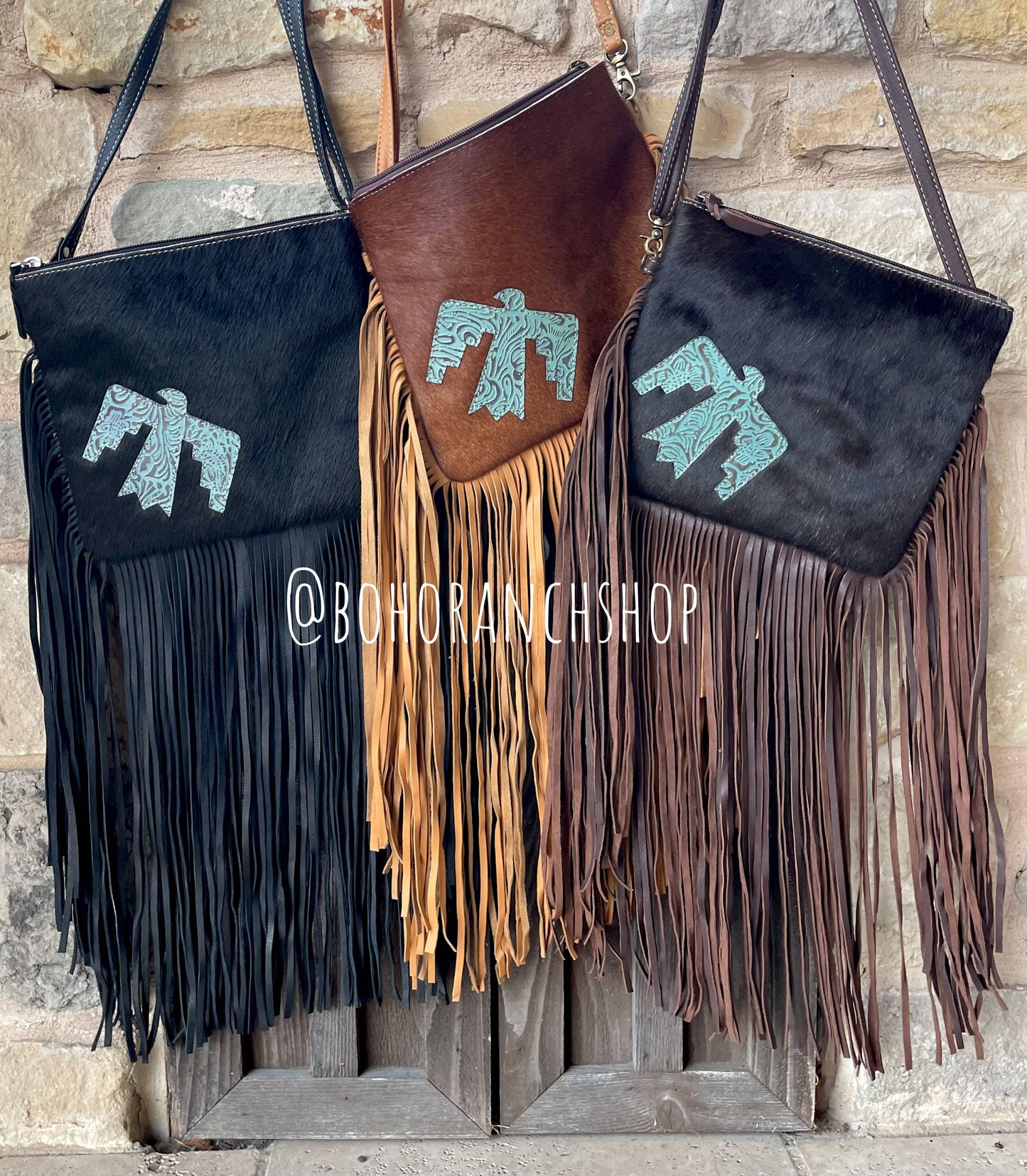 Boho Ranch Shop - THUNDERBIRD COWHIDE CROSSBODY tooled Leather Cowhide Clutch - TAN COWHIDE